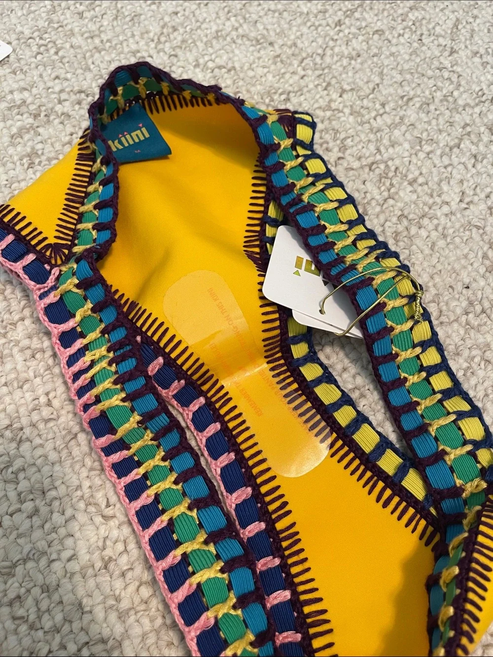 NWT KIINI Ro Yellow Bikini Bottom with Multicolor Crochet Trim MEDIUM